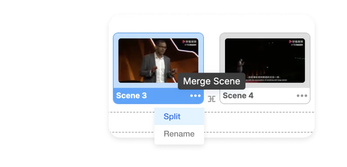 Scene-based video editing in Visla showing the cut and merge feature. Users can split or merge scenes to modify the sequence and create a cohesive video narrative.